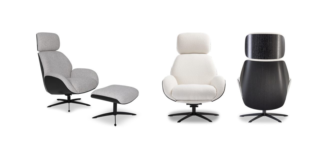 Grauer Sessel mit dazugehörigem Hocker